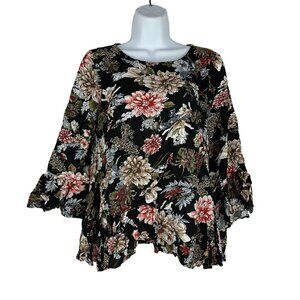 Pink Lily Womens Floral Print Bell Sleeve Blouse Size M